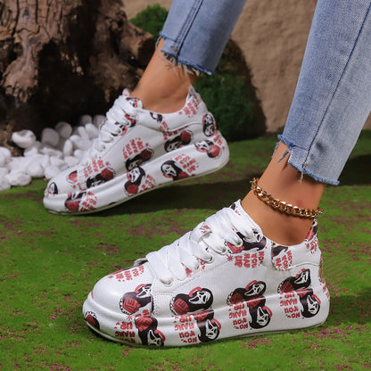 Halloween Cartoon Print Flats Fashion Graffiti Flats Shoes Platform Lace-up Round Toe Sports Shoes