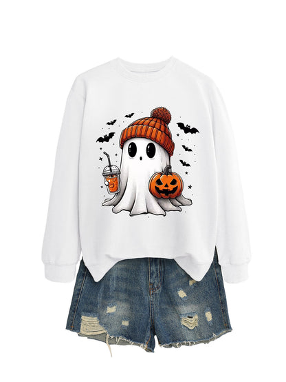 Fashion Long Sleeve Milk Tea Pumpkin Bat Printed Crew Neck Sweatshirt