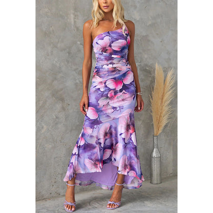 Flowers Print One-shoulder Dress Summer INS Casual Suspender Long Dresses Womens Clothing