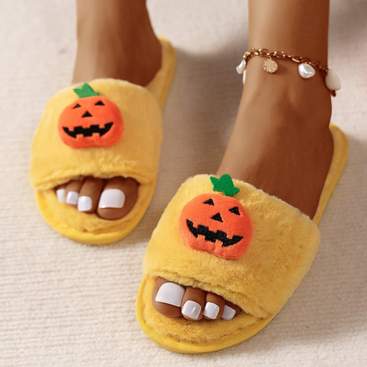 Halloween Cute Pumpkin Plush Slippers Home Indoor Open Toe Shoes Winter Warm Bedroom Slippers For Women