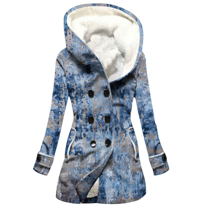 Women's Windbreaker Winter Thickened Imitation Lamb Stitching Floral Hooded