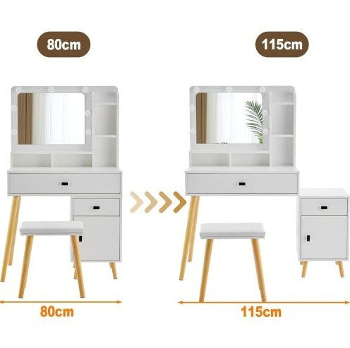 Dressing Table With Hollywood LED Mirror, Light Adjustable Brightness, Dressing Table, Padded Stool Set, White, Wooden Cosmetic Table With Drawer And Storage Cabinet