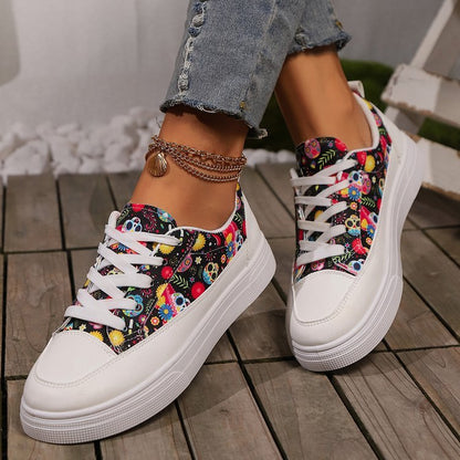 Halloween Skull Print Lace-up Canvas Shoes For Women Fashion Breathable Versatile Flats Student Casual Shoes