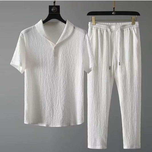 Seersucker Turn Down Collar Short Sleeve Shirt 2 Piece Pants Set for Men Sehe Fashion