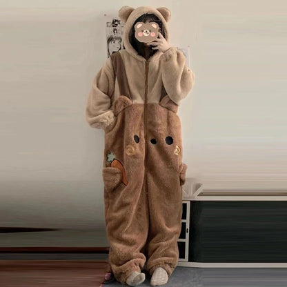 Cute Cartoon Bear One-piece Nightgown Coral Fleece Jumpsuit Homewear Winter Thickened Pajamas For Women