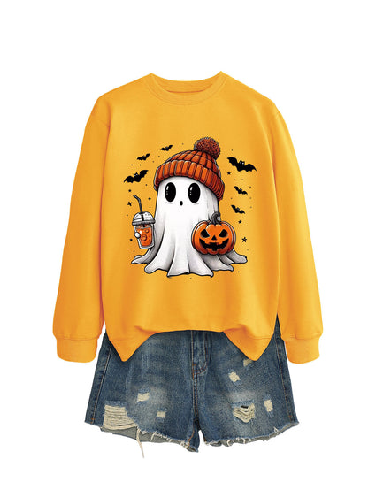 Fashion Long Sleeve Milk Tea Pumpkin Bat Printed Crew Neck Sweatshirt