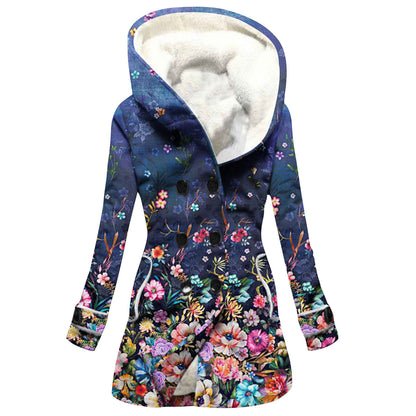 Women's Windbreaker Winter Thickened Imitation Lamb Stitching Floral Hooded