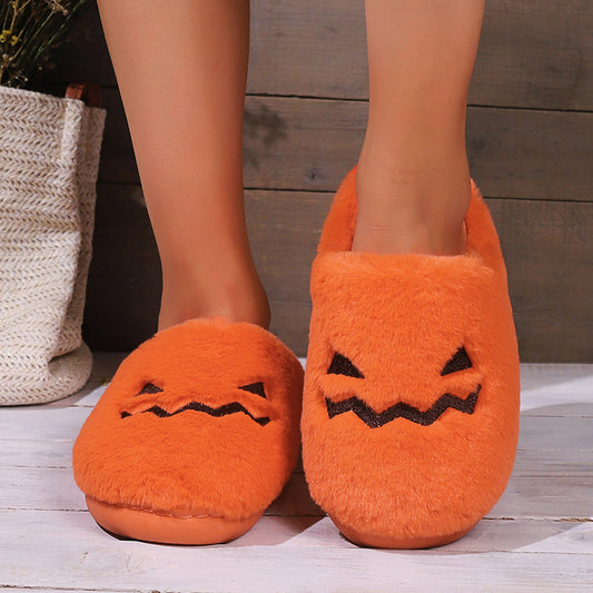 Cute Halloween Pumpkin Slippers Winter Warm Plush Bedroom Floor Home Slippers Casual Slip On Comfortable Cozy Indoor House Shoes