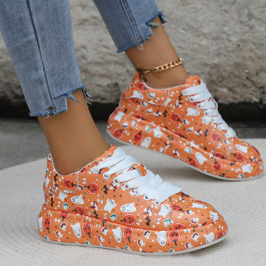 Halloween Cartoon Print Flats Fashion Graffiti Flats Shoes Platform Lace-up Round Toe Sports Shoes