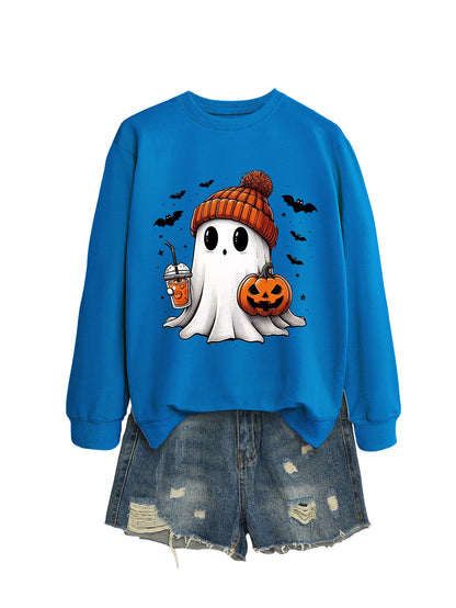 Fashion Long Sleeve Milk Tea Pumpkin Bat Printed Crew Neck Sweatshirt